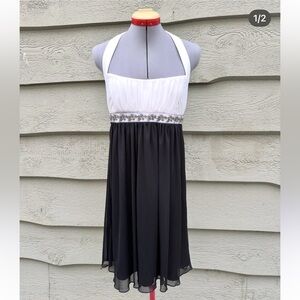 Black & White Halter Mini Dress with Bejeweled Belt